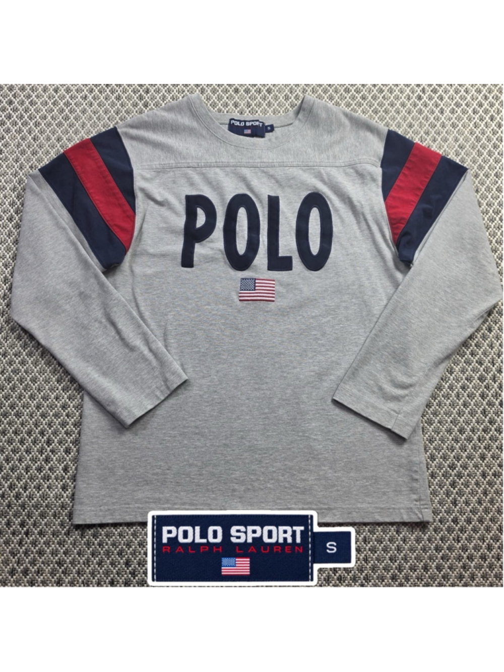 Vintage 90s Polo Sport Ralph Lauren Mens S POLO Spellout USA Flag Shirt